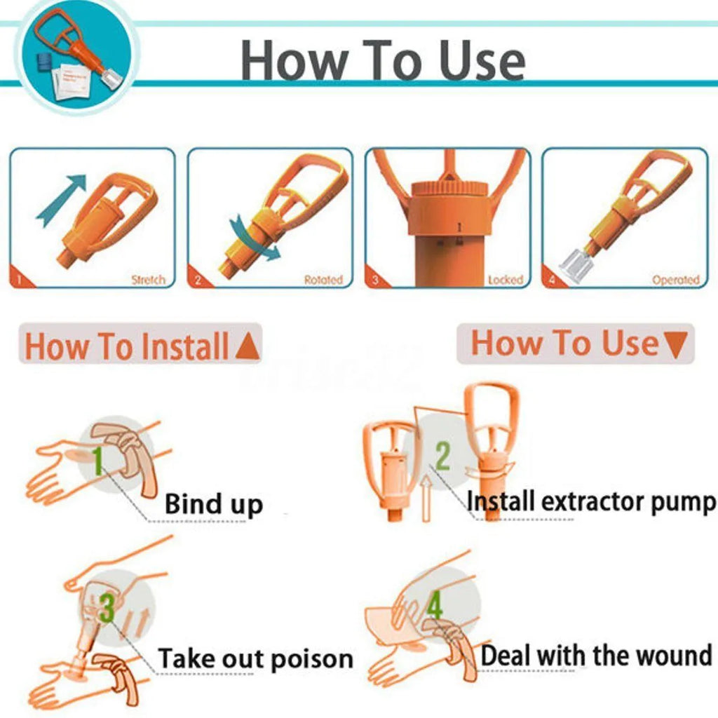 Orange portable venom extractor first aid kit with suction pump, two cups, tourniquet, and swabs laid out.
