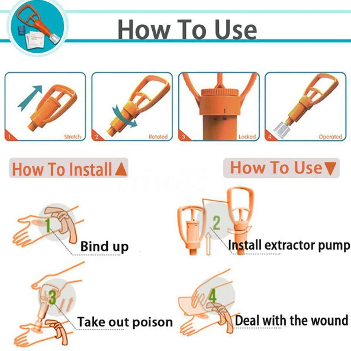Orange portable venom extractor first aid kit with suction pump, two cups, tourniquet, and swabs laid out.