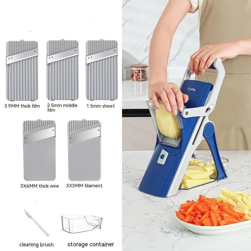 Purple vegetable chopper with wire planer on a kitchen counter