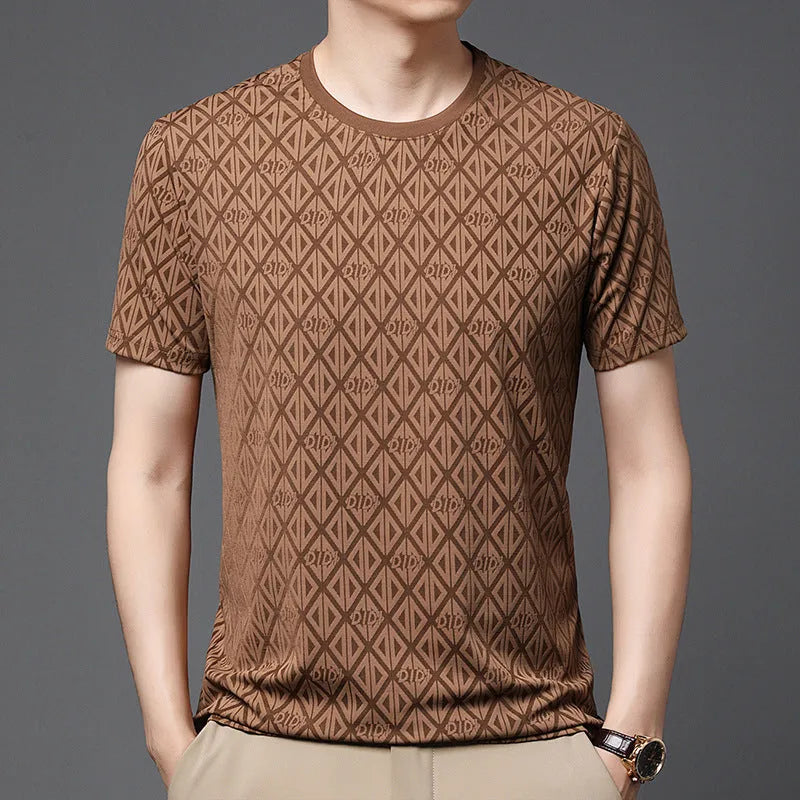 Men's black ice silk jacquard T-shirt with round neck and half sleeves on hanger