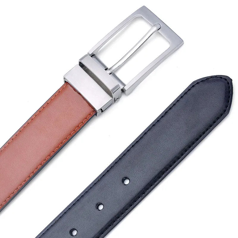 Men's brown and black genuine leather belt with a silver rotating pin buckle, shown on a flat surface.