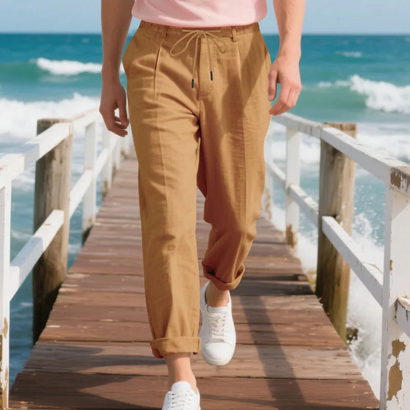 Men's linen casual trousers in loose straight fit with drawstring waist in various colours