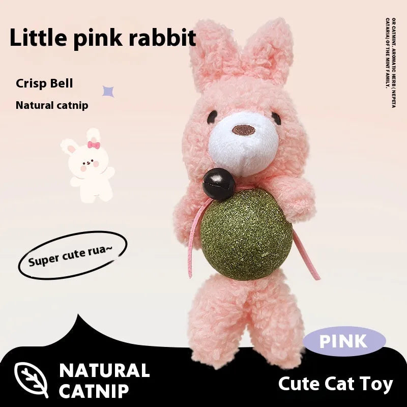 Brown bear plush cat toy with mint ball centre and bell for biting and play