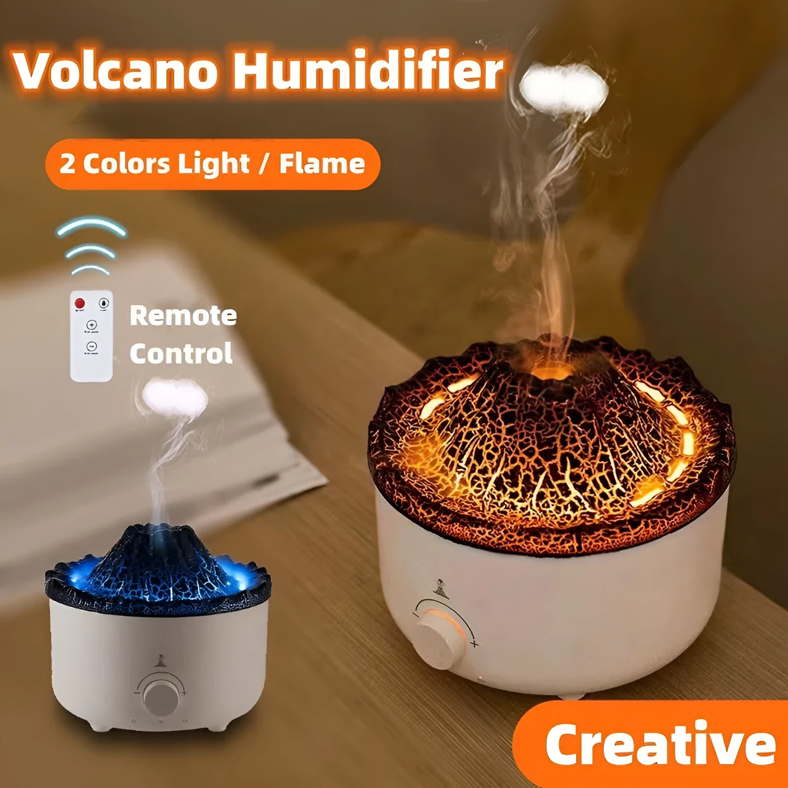 White ultrasonic simulated flame humidifier with remote control and low noise, 162x162x128mm