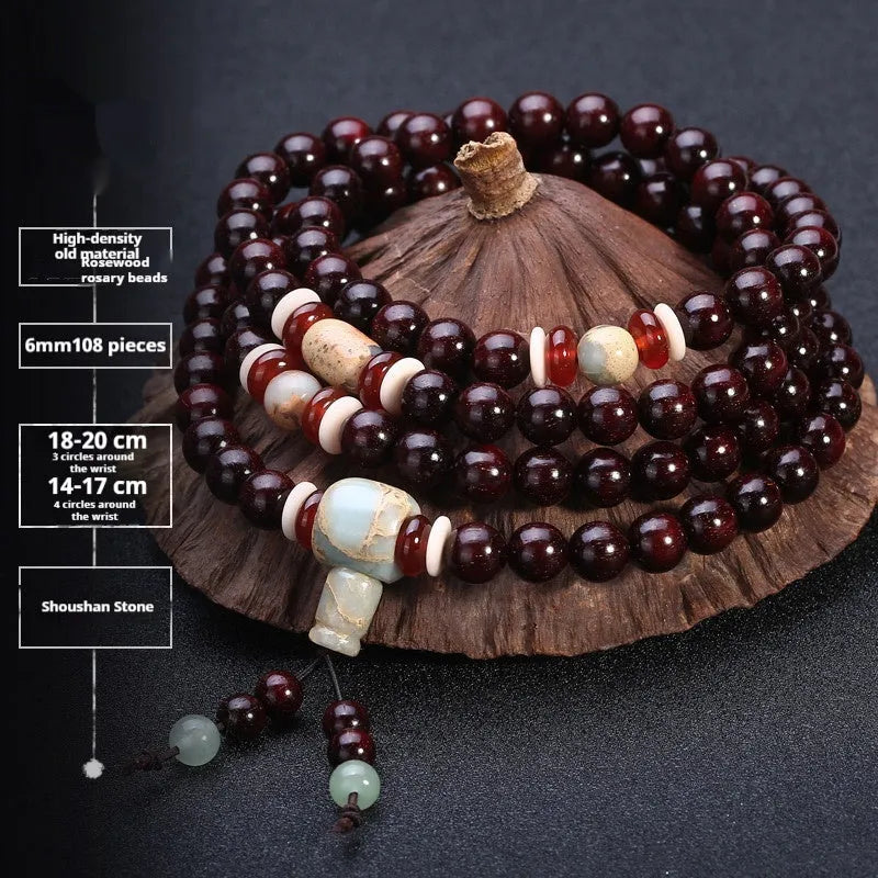 Men's rosewood bead bracelet with 108 beads, shown in a choice of lapis lazuli, turquoise, or red agate styles.