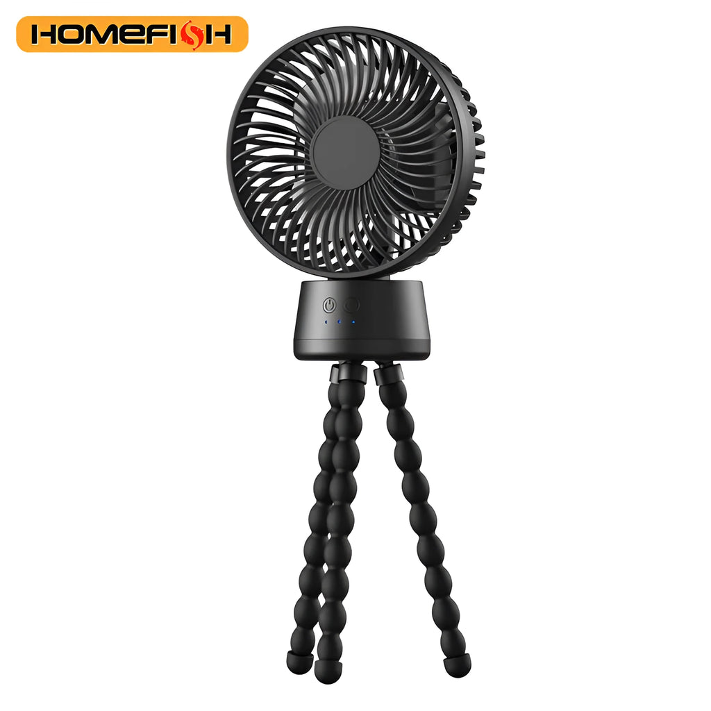 HOMEFISH F2 portable fan with automatic head shake, LED light, and removable mounting bracket.