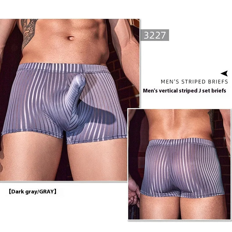 Men's black striped nylon boxer briefs on a white background