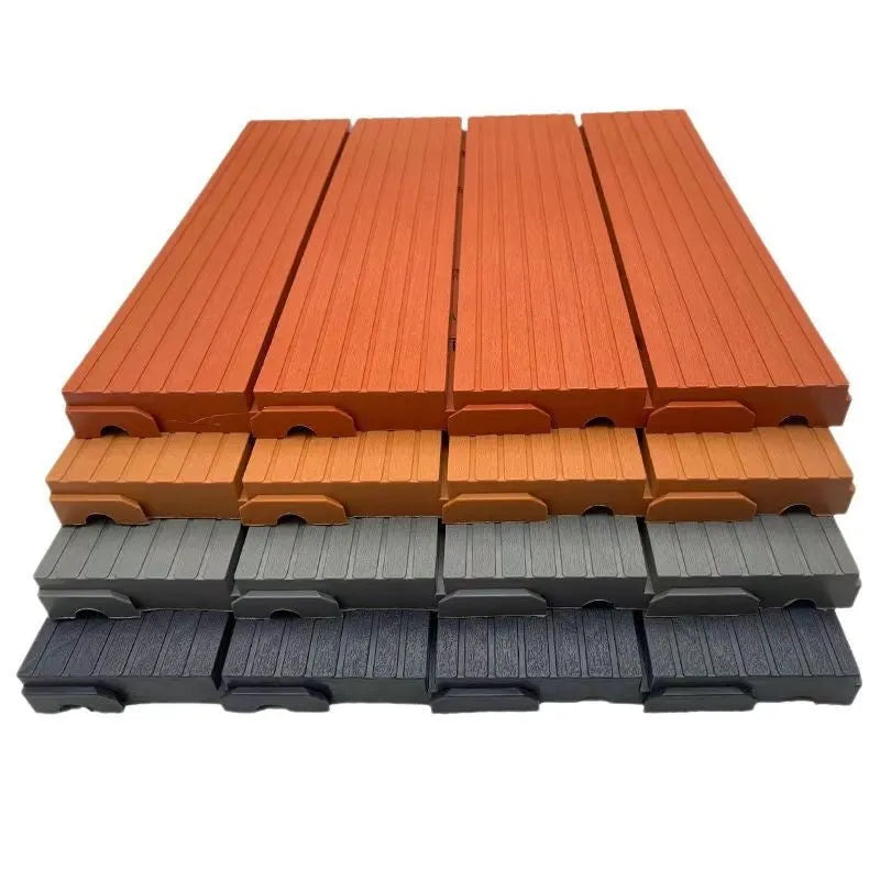Wood grain plastic interlocking floor tile showing non-slip surface texture