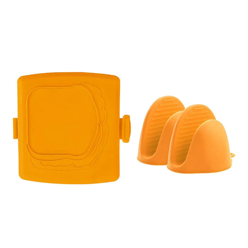 Red silicone baking tray and matching anti-scald gloves set in colour box packaging.