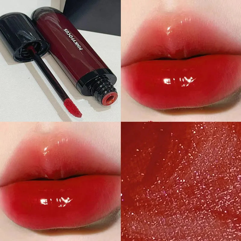 Mirror Lip Paint lacquer tube in six dark berry and tomato red shades for glossy, durable wear.