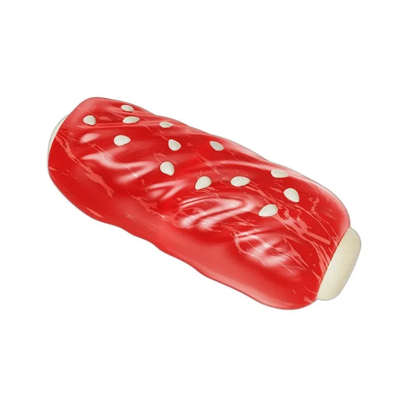 Primary colour plastic dog toy with a molar rod and glue toothbrush attachment for paste.