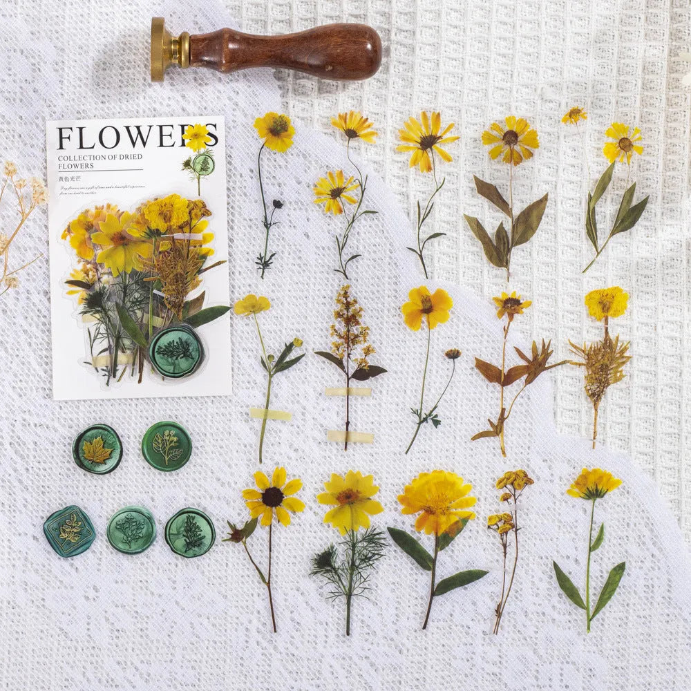 Dried flowers journal decoration stickers in 8 colour styles on PET sheets measuring 70x70mm