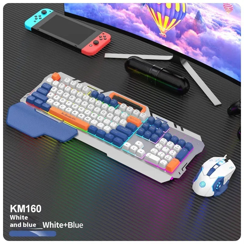 Blue and grey wired gaming keyboard and mouse set with backlit keys on desk