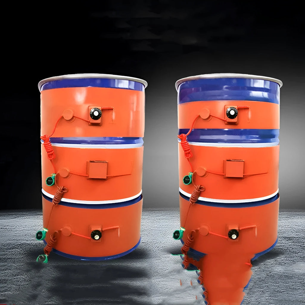 Silicone rubber heating belt wrapped around 200-litre oil drum for industrial heating applications