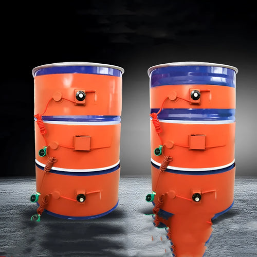 Silicone rubber heating belt wrapped around 200-litre oil drum for industrial heating applications