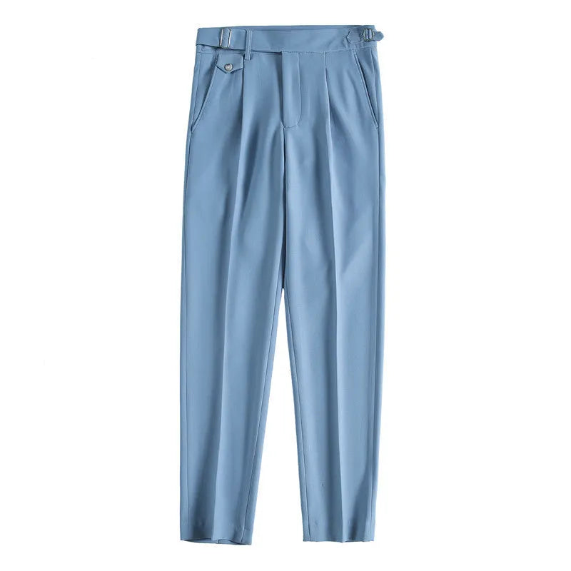 Men's straight-leg casual trousers in a solid colour, shown in a neutral grey shade on a hanger.