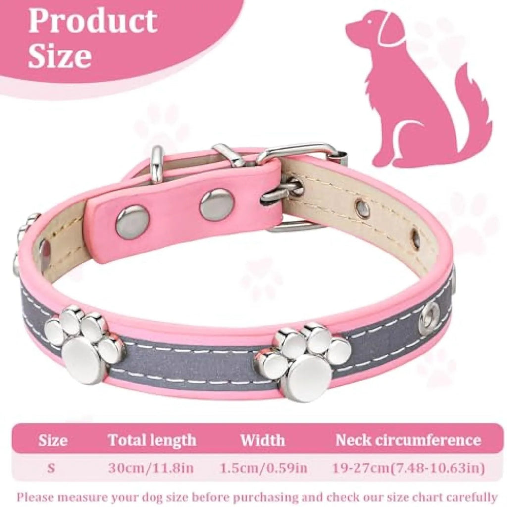 Reflective adjustable leather dog collar with metal buckle and paw rivet on a grey background.