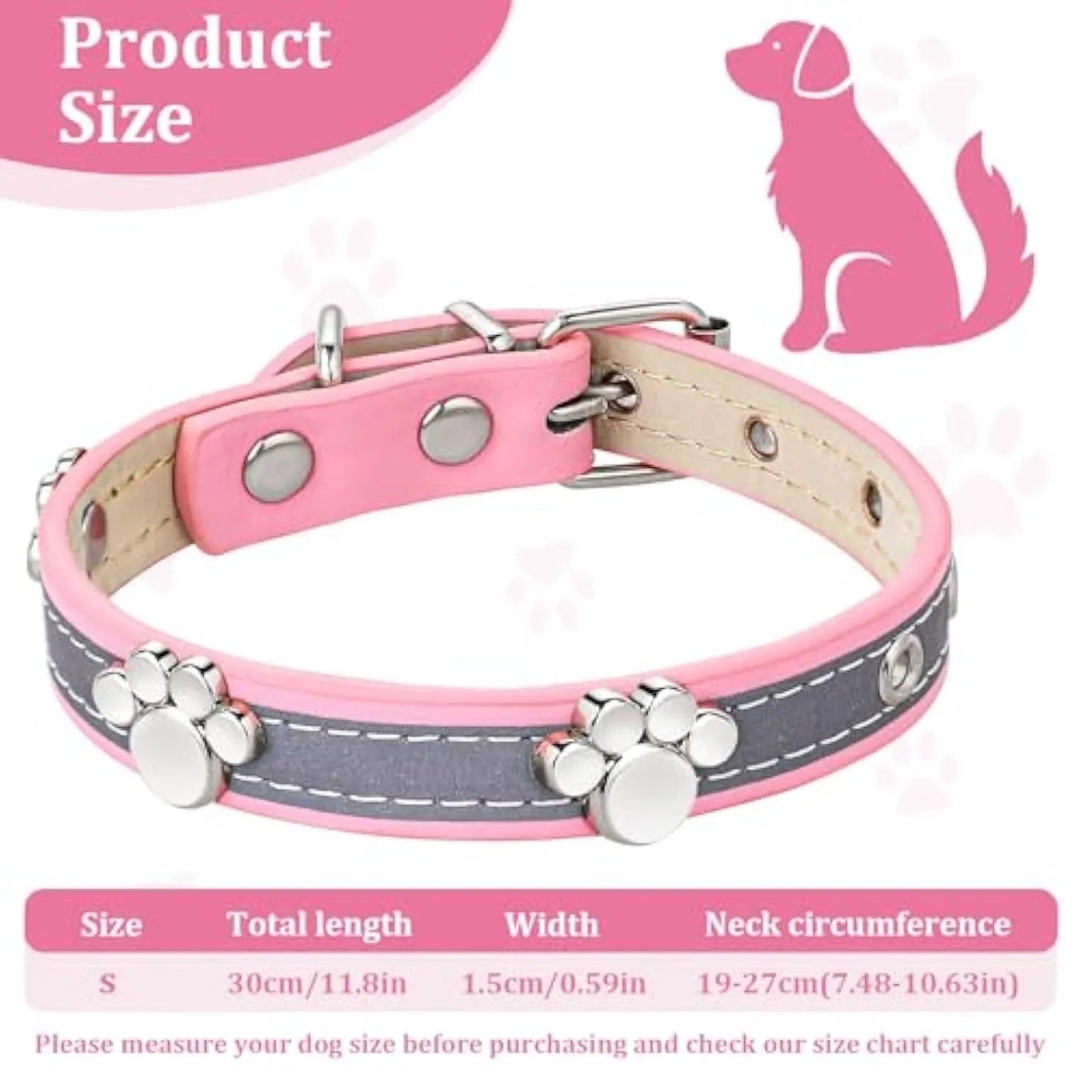 Reflective adjustable leather dog collar with metal buckle and paw rivet on a grey background.