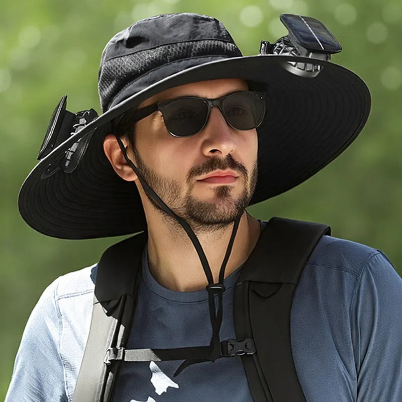 Solar-powered fan hat for outdoor fishing with adjustable design and wide sun protection brim