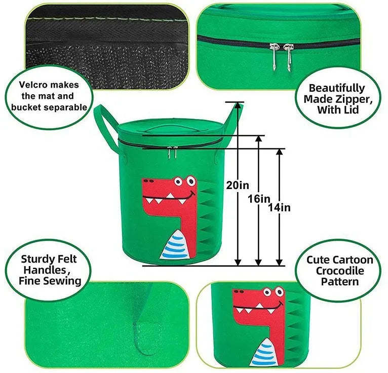 Green felt storage bag converted into a toy play mat with pull rope closure