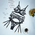 Black women's lace three-piece set with floral print, showing top, pants, and waist ring
