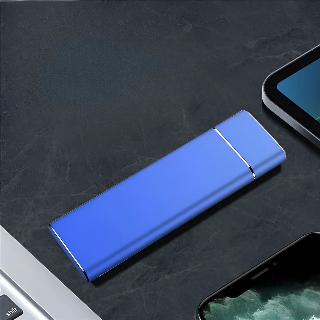 Sapphire blue portable solid state external hard disk with metal shell showing compact design