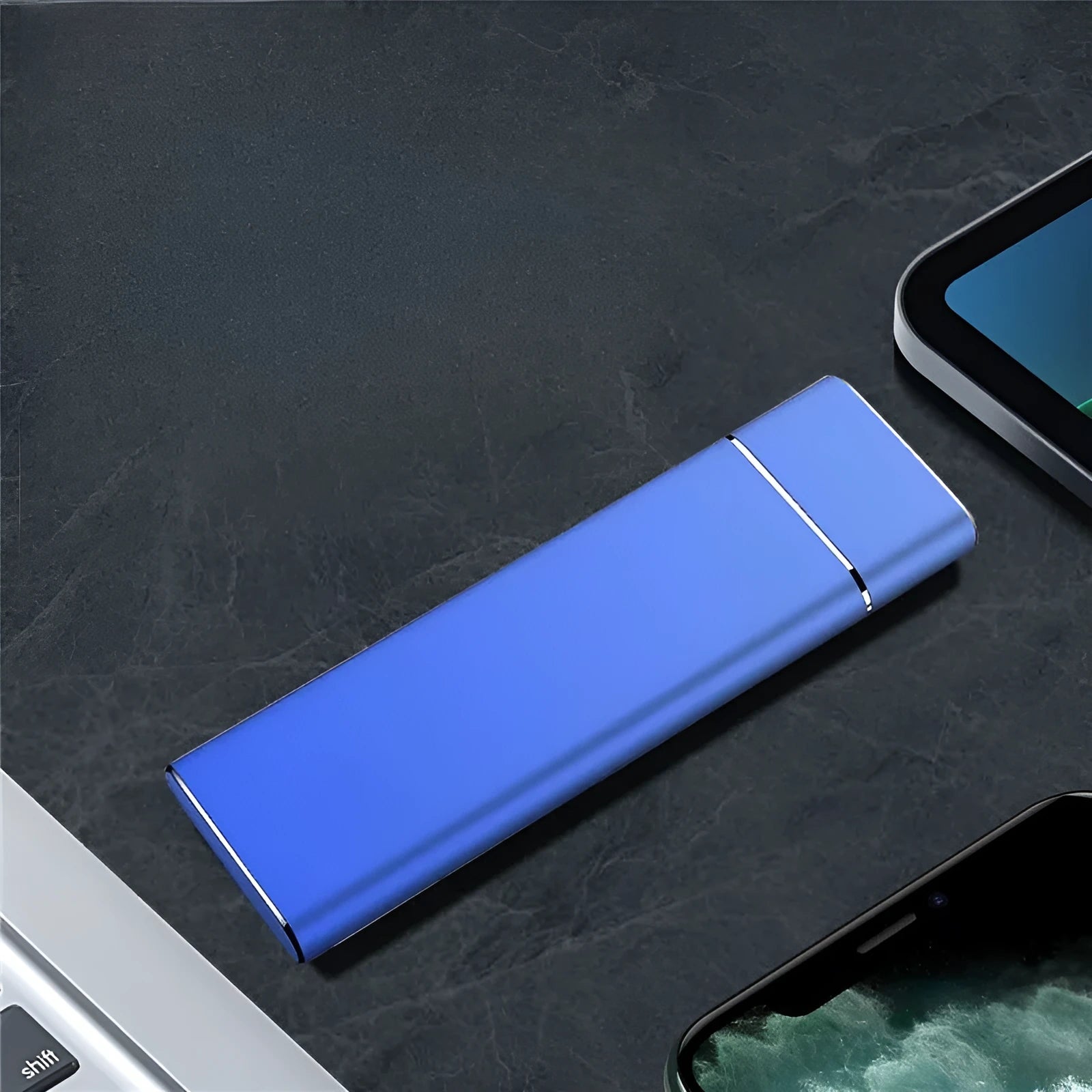Sapphire blue portable solid state external hard disk with metal shell showing compact design