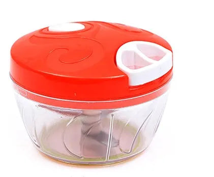 Green manual food chopper with lid open, showing three stainless steel blades inside a 500ml plastic container.