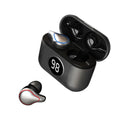 Black and blue in-ear Bluetooth headset with earplug-style earpieces shown separately.
