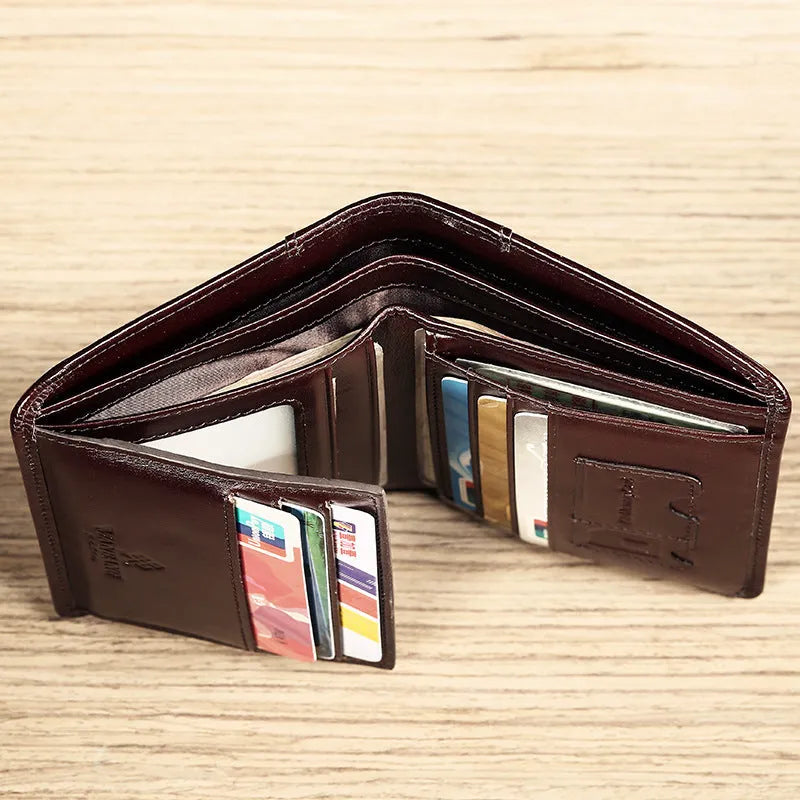 Men's genuine leather wallet open showing multiple internal compartments including card slots and secret pocket