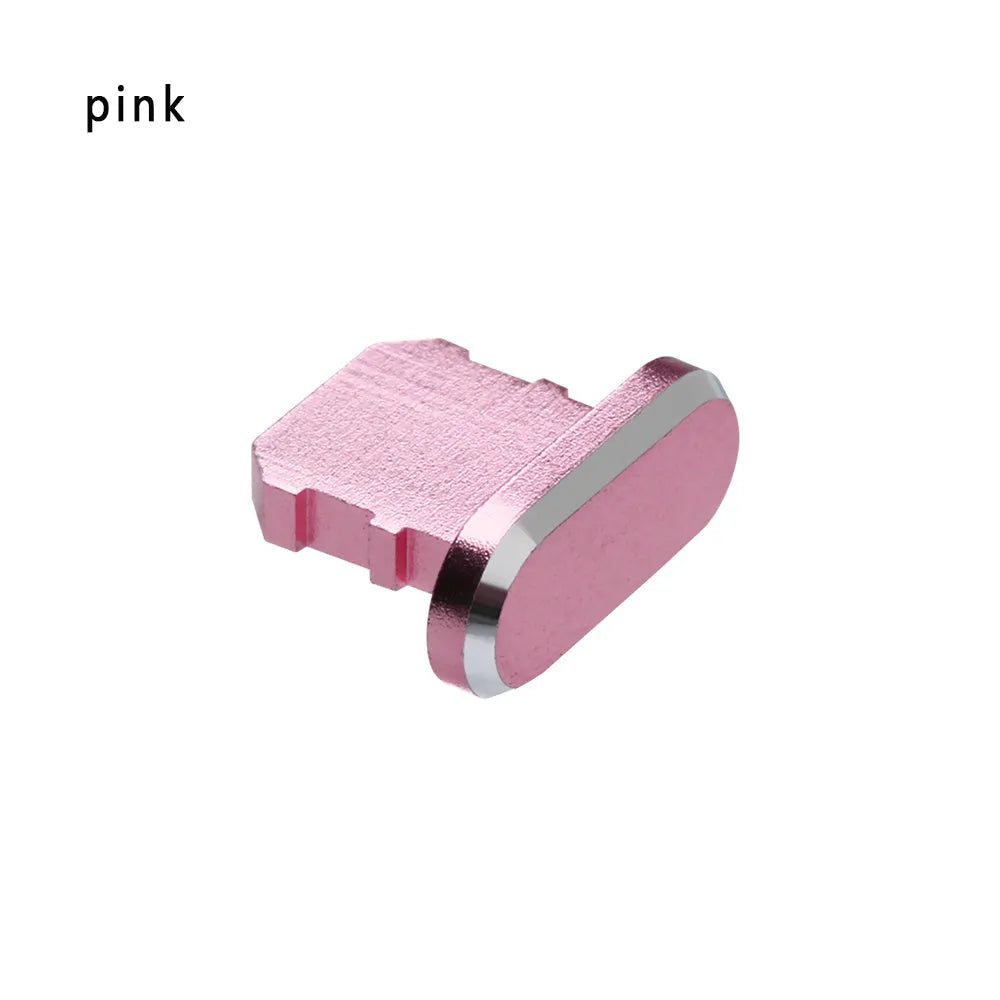 Aluminium alloy charging port dust plug for iPhone in various colours including gold, silver, and rose gold.