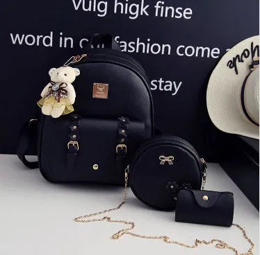 Women's fashion 3-piece bag set including backpack, shoulder bag, and card bag in floral PU leather design