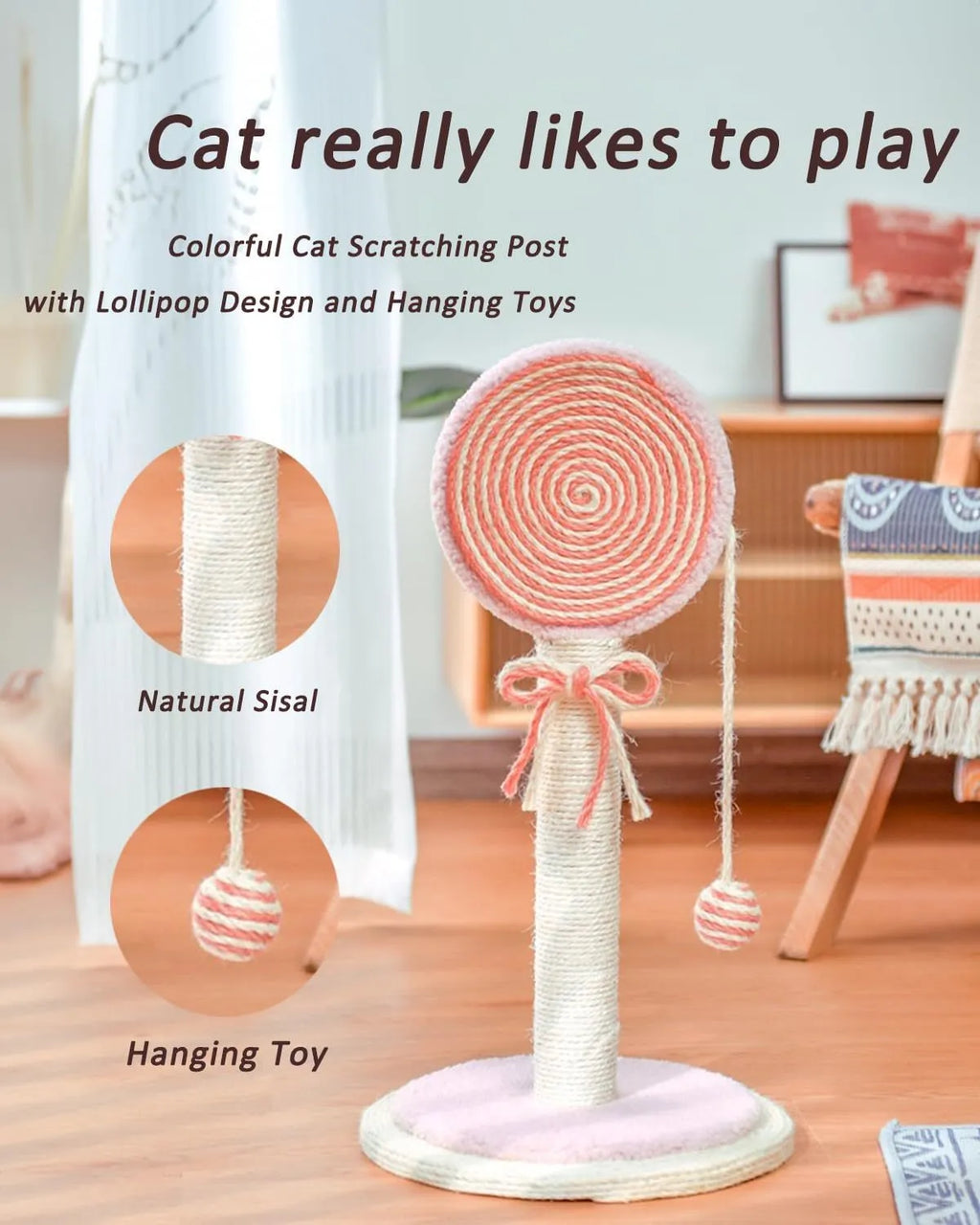 Cat scratching post with natural sisal rope surface and hanging ball toy on heavy-duty stable base