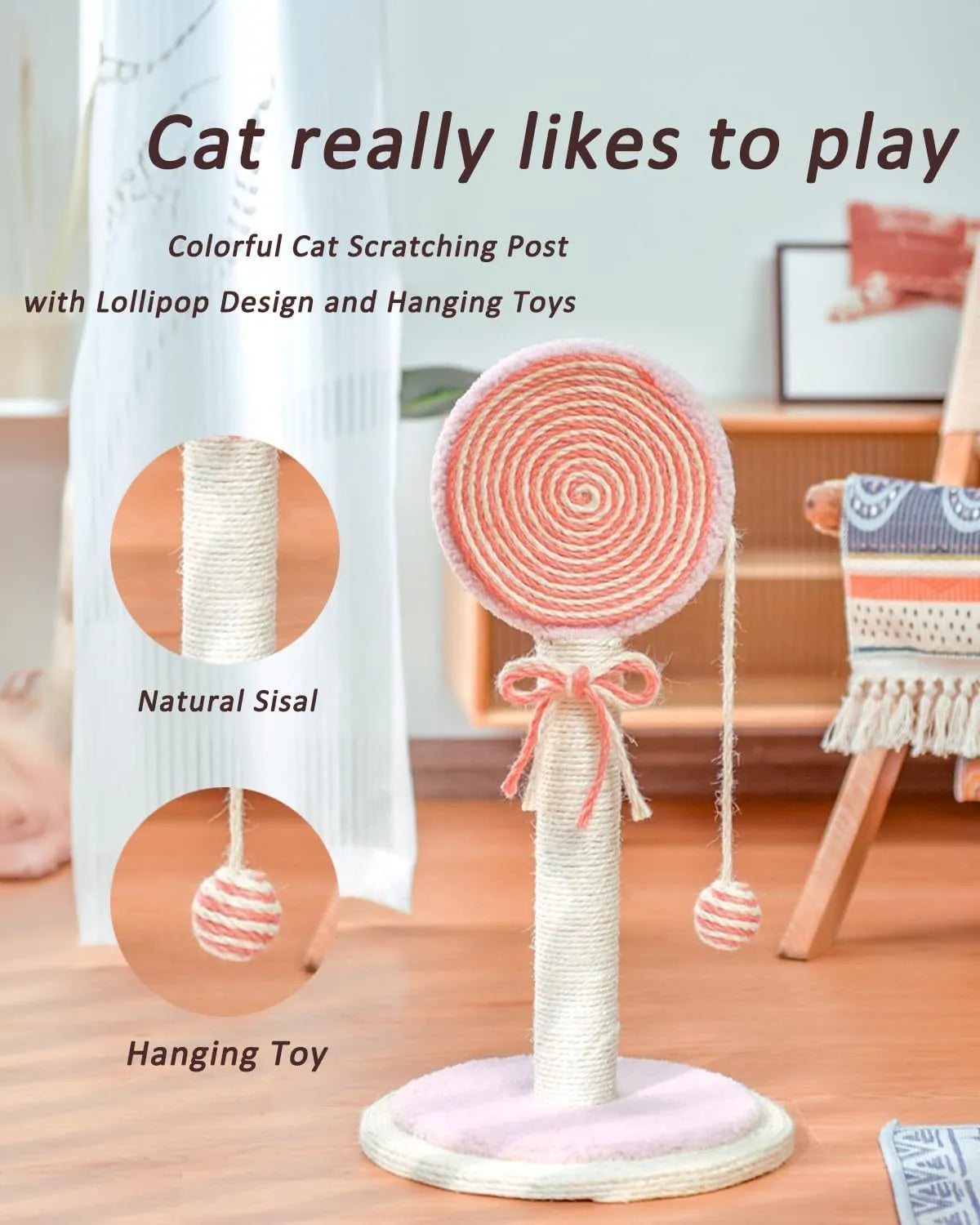 Cat scratching post with natural sisal rope surface and hanging ball toy on heavy-duty stable base