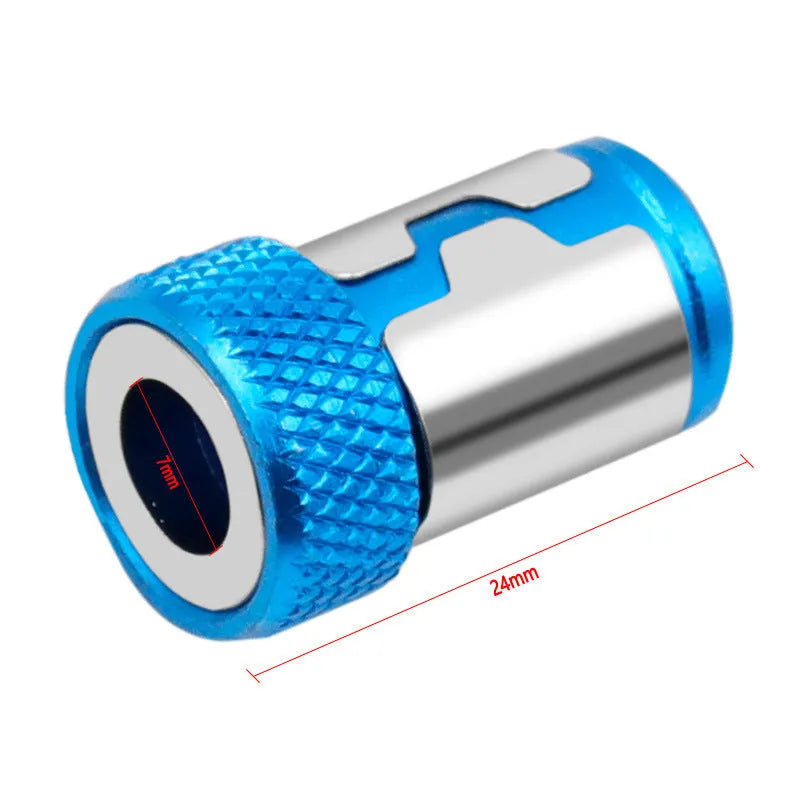 Light blue magnetic screwdriver bit for slotted screws on a plain background.