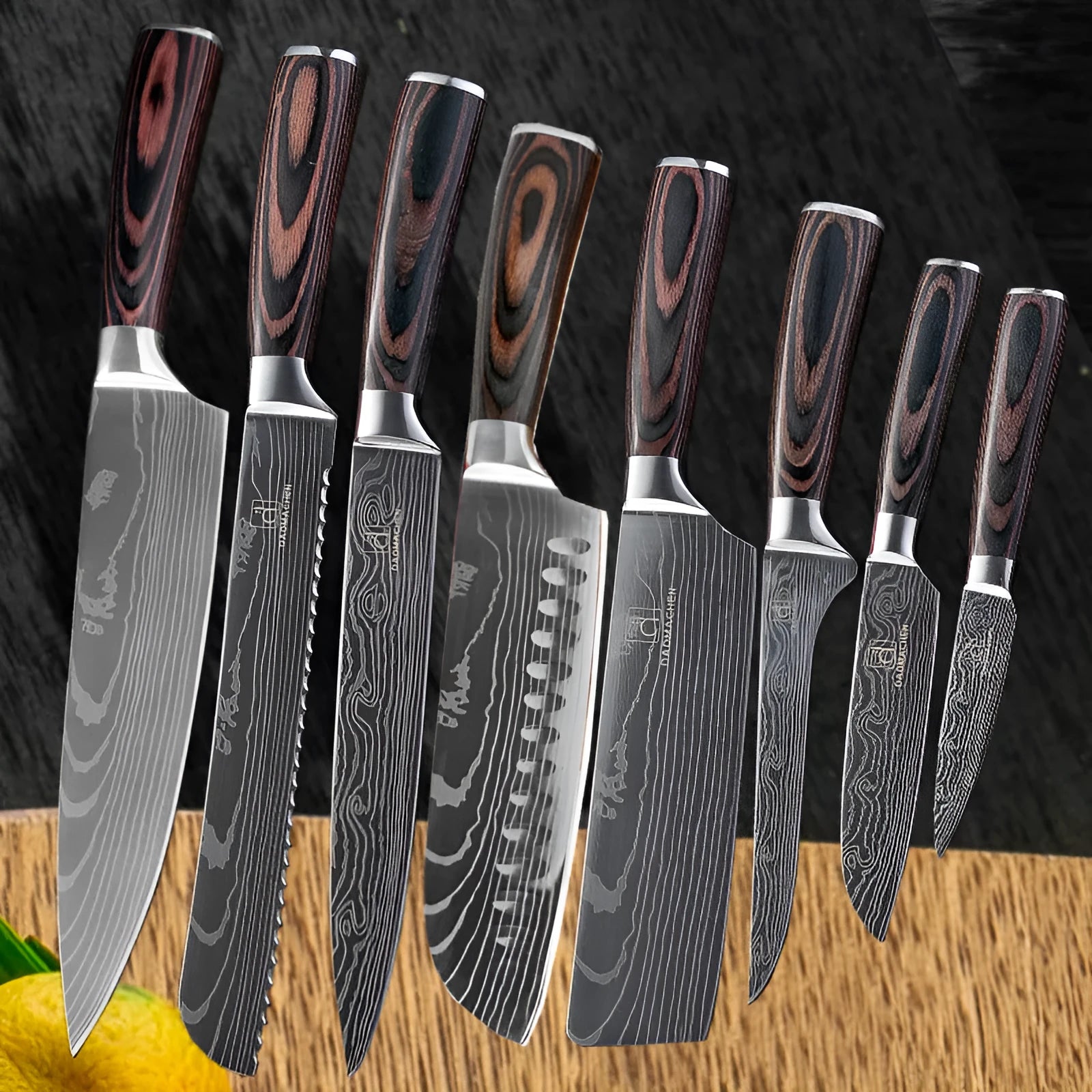 Chef knife with laser Damascus pattern blade, colour steel handle, showing 18cm blade length