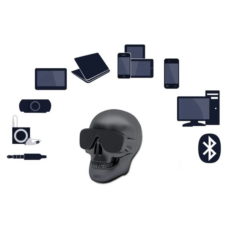 Skull-shaped wireless Bluetooth speaker in six colours with compact portable design and 10-hour battery
