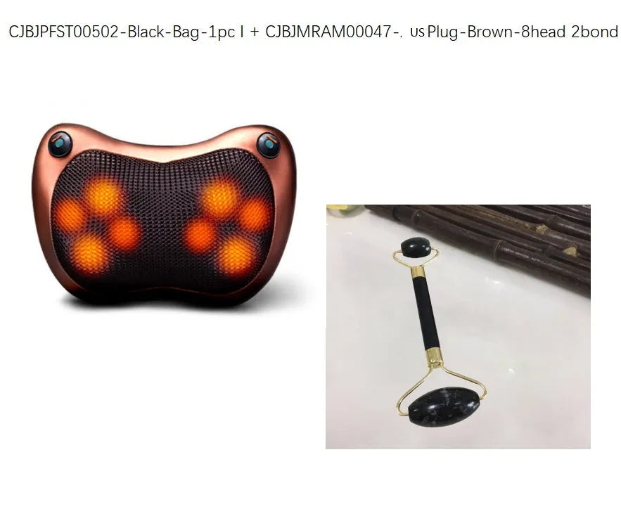 Electric infrared kneading massage pillow in black PU leather with control buttons and adjustable fixing strap for car seat use