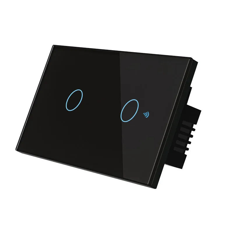 Modern 2-gang touch light switch with tempered glass panel in black, white, or gold.