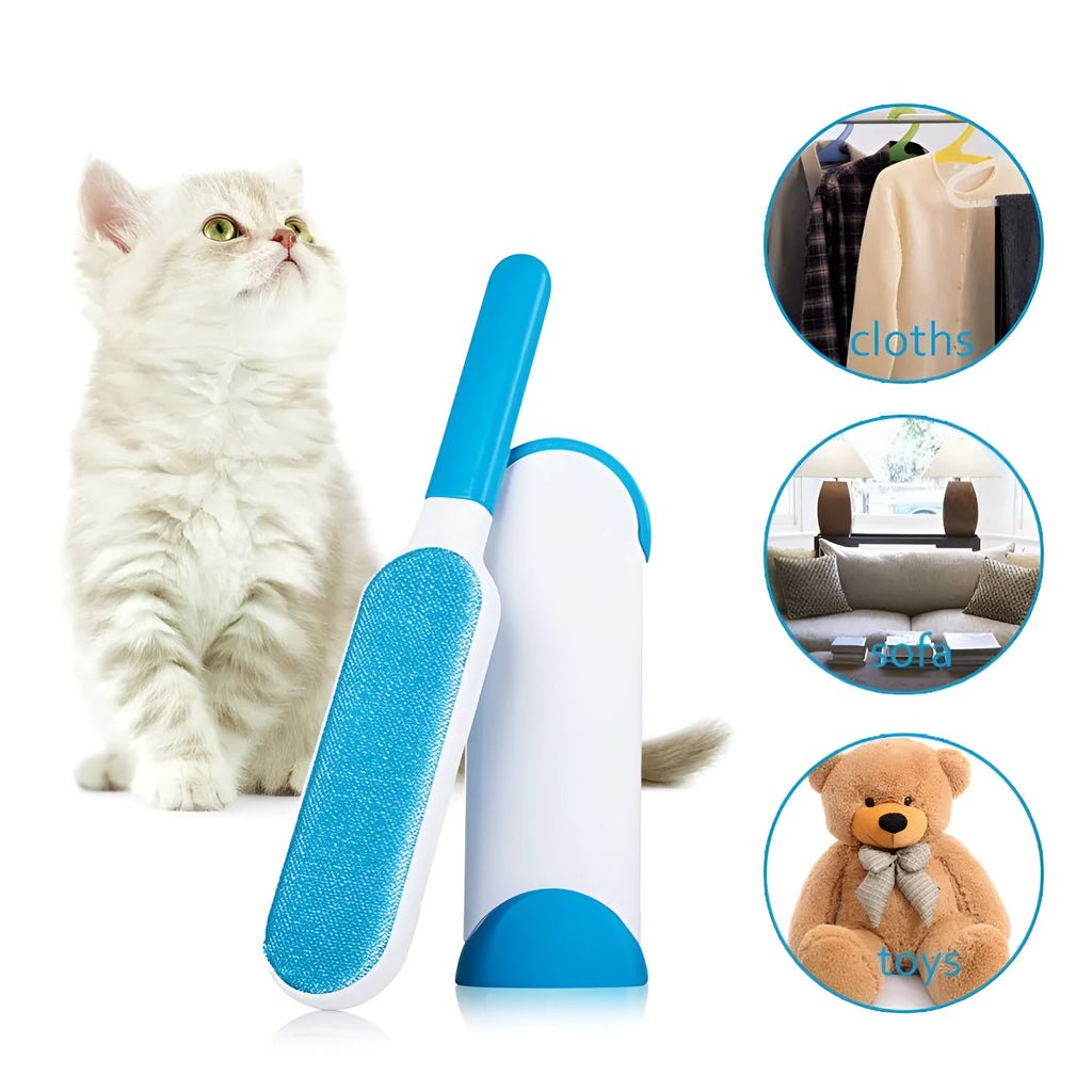 Blue reusable pet hair removal brush with a self-cleaning base, placed on a grey sofa.