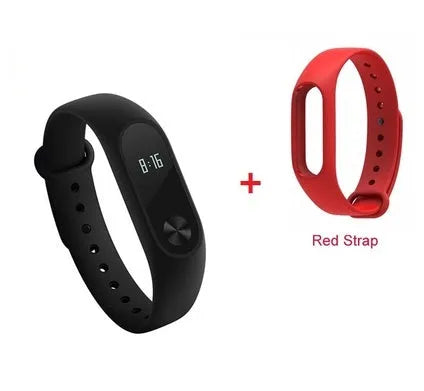 Xiaomi Mi Band 2 black fitness tracker on wrist showing OLED display