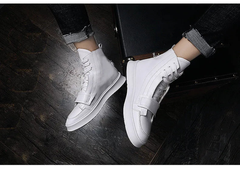 Men's black and white high-top sneaker style winter ankle boots made from PU leather microfiber.