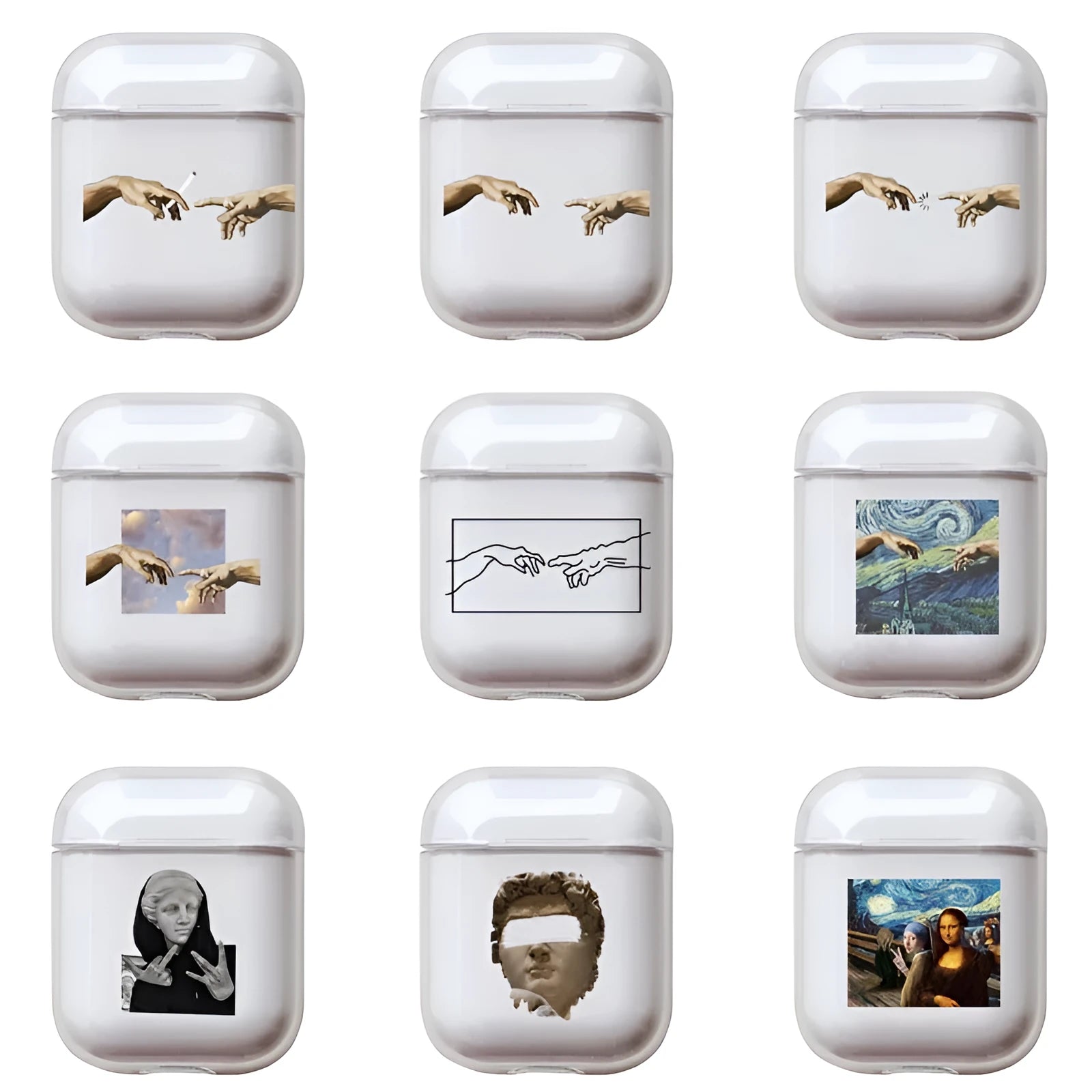 Transparent plastic protective cover for Apple AirPods charging case shown in colour style options.