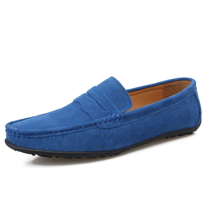 Men's suede leather loafers in solid colours with round toe and flat rubber sole