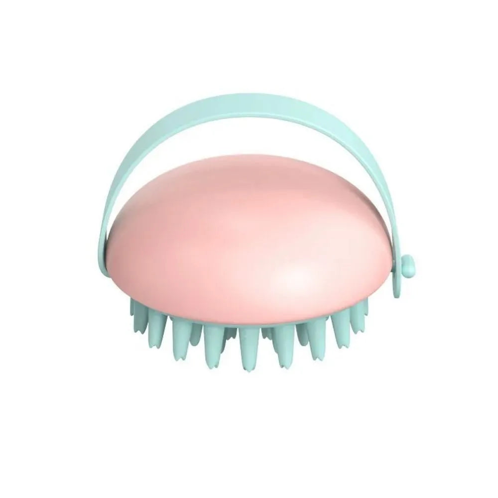 Pet silicone bathing brush for cats and dogs, available in blue, pink, white, and yellow