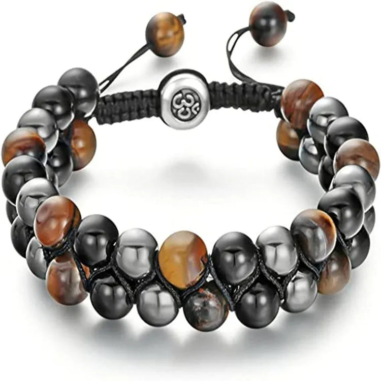 Men's double-layer woven tiger eye stone bracelet with bright magnetic clasp, blue yellow colourway
