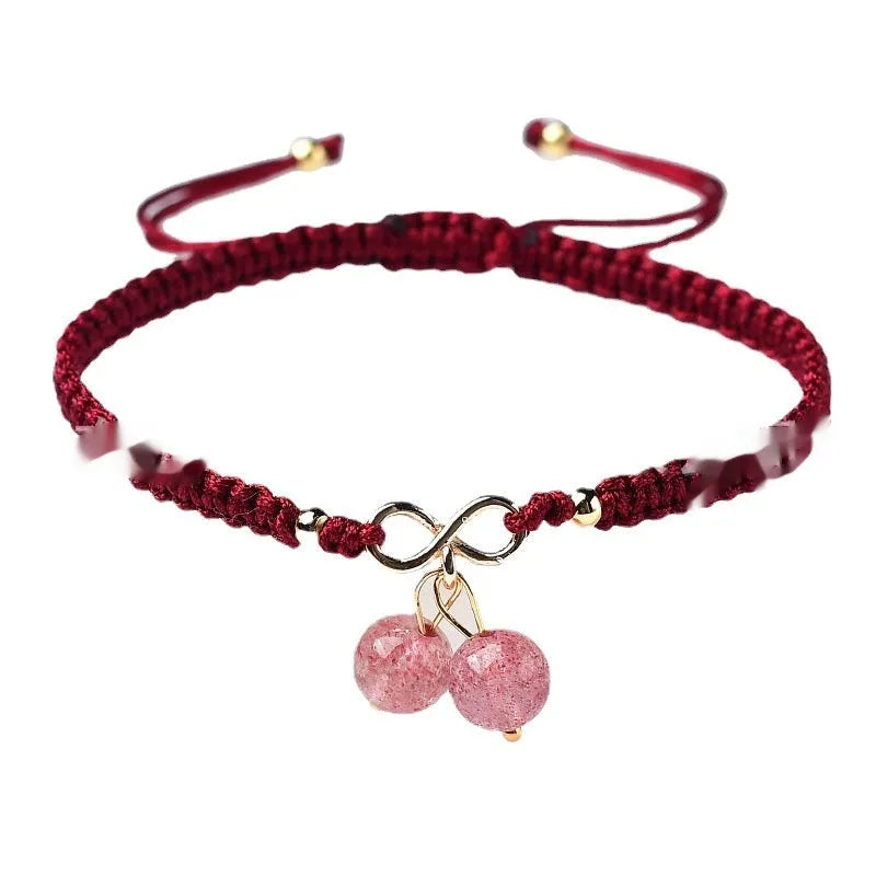Women's crystal cherry bracelet with adjustable length in natural strawberry quartz colour