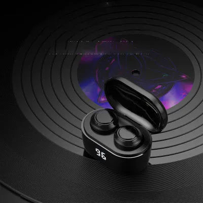 Black stereo Bluetooth headset with bilateral earbuds showing wireless design