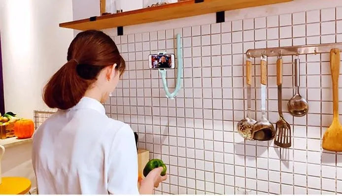 Black flexible rubber lazy bracket phone holder with suction cup base extended to show 62cm length.