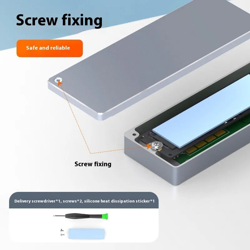 USB-C compatible M.2 AHCI SSD enclosure in aluminium alloy with screwdriver and heat pad